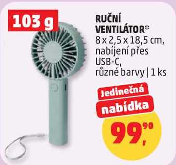 RUČNÍ VENTILÁTOR 8x2,5 x 18,5 cm, nabíjení přes USB-C, různé barvy, 1 ks