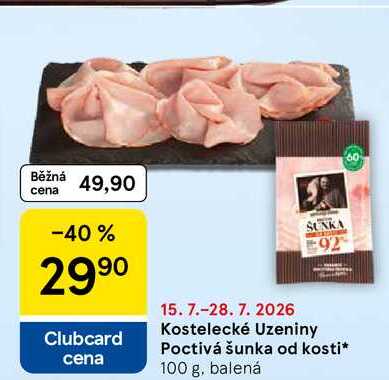 Kostelecké Uzeniny Poctivá šunka od kosti, 100 g, balená 