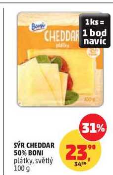 SÝR CHEDDAR 50% BONI plátky, světlý, 100 g