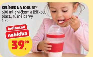 KELÍMEK NA JOGURT, 600 ml, s víčkem a lžičkou, plast., různé barvy, 1 ks