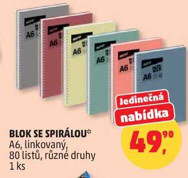 BLOK SE SPIRÁLOU A6, linkovaný, 80 listů, různé druhy, 1 ks
