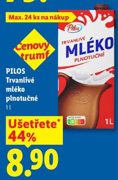 PILOS Trvanlivé mléko plnotučné, 1 l