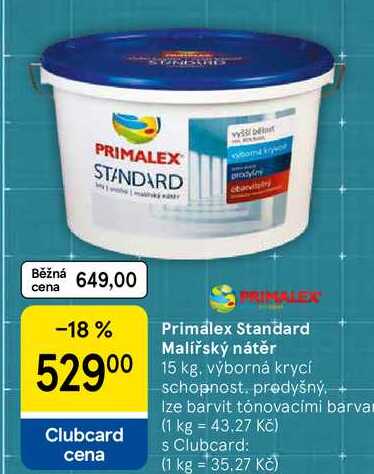 Primalex Standard Malířský nátěr, 15 kg. výborná krycí schopnost, prodyšný