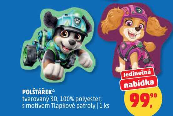POLŠTÁŘEK tvarovaný 3D, 100% polyester, s motivem Tlapkové patroly, 1 ks  