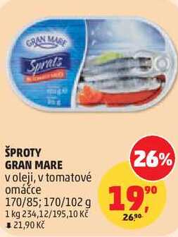 ŠPROTY GRAN MARE v oleji, v tomatové omáčce, 170/85 