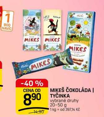 MIKEŠ ČOKOLÁDA | TYČINKA vybrané druhy 20-50 g  v akci