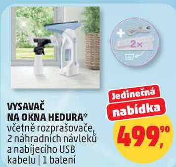 VYSAVAČ NA OKNA HEDURA včetně rozprašovače, 2 náhradních návleků a nabíjecího USB kabelu, 1 balení