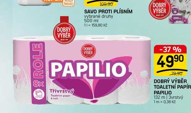 DOBRÝ VÝBĚR TOALETNÍ PAPÍR PAPILIO 132 m | 3vrstvý