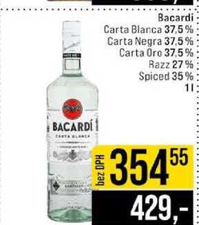 Bacardi Carta Blanca 37,5% Carta Negra 37,5% Carta Oro 37,5% Razz 27% Spiced 35% 1l