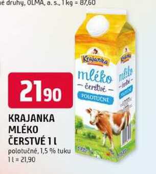KRAJANKA MLÉKO ČERSTVÉ 1l polotučné, 1,5 % tuku 