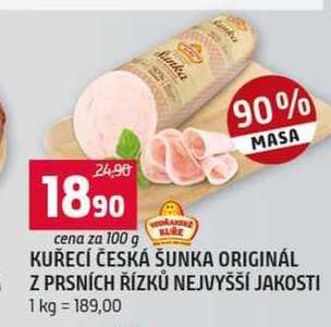 KUŘECÍ ČESKÁ ŠUNKA ORIGINÁL Z PRSNÍCH ŘÍZKŮ NEJVYŠŠÍ JAKOSTI 100g