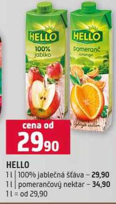 HELLO 1l 100% jablečná šťáva pomerančový nektar 
