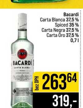 Bacardi Carta Blanca 37,5% Spiced 35% Carta Negra 37,5% Carta Oro 37,5% 0,7l
