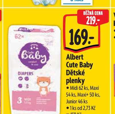 Albert Cute Baby Dětské plenky Midi 62 ks, Maxi 54 ks, Maxi+ 50 ks, Junior 46 ks