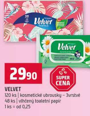 VELVET 120 ks kosmetické ubrousky - 3vrstvé 48 ks vlhčený toaletni papir