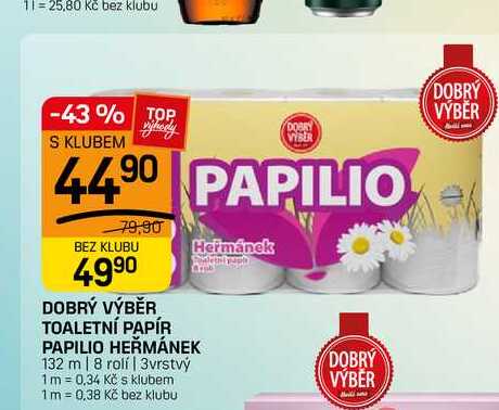 DOBRÝ VÝBĚR TOALETNÍ PAPÍR PAPILIO HEŘMÁNEK 132 m | 8 rolí | 3vrstvý