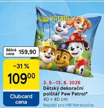 Dětský dekorační polštář Paw Patrol, 40 x 40 cm