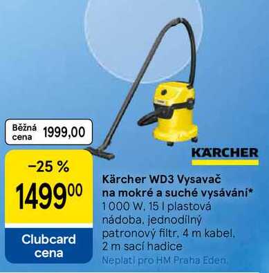 Kärcher WD3 Vysavač na mokré a suché vysávání, 1000 W, 15 I plastová nádoba, jednodílný patronový filtr. 4 m kabel. 2 m sací hadice