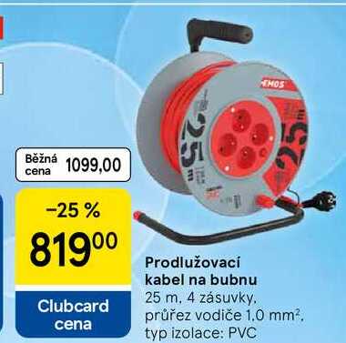 Prodlužovací kabel na bubnu, 25 m. 4 zásuvky. průřez vodiče 1.0 mm². typ izolace: PVC