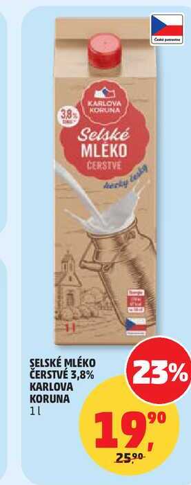 SELSKÉ MLÉKO ČERSTVÉ 3,8% KARLOVA KORUNA, 1 l