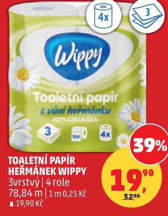 TOALETNÍ PAPÍR HEŘMÁNEK WIPPY 3vrstvý, 4 role 