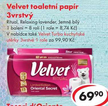 Velvet toaletní papír 3vrstvý, 8 rolí