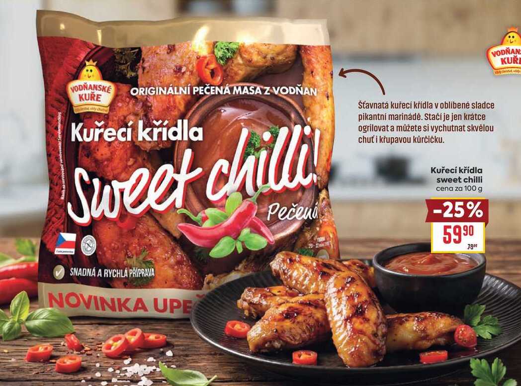 Kuřecí křídla sweet chilli cena za 100 g 