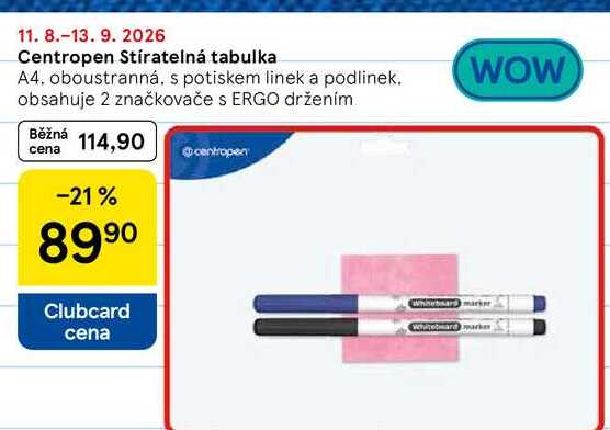 Centropen Stíratelná tabulka, A4. oboustranná, s potiskem linek a podlinek. obsahuje 2 značkovače s ERGO držením