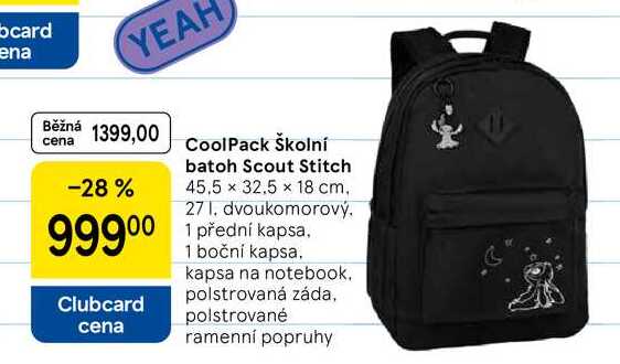CoolPack Školní batoh Scout Stitch, 45.5 x 32.5 x 18 cm, 27 l, dvoukomorový. 1 přední kapsa, 1 boční kapsa. kapsa na notebook. polstrovaná záda, polstrované ramenní popruhy