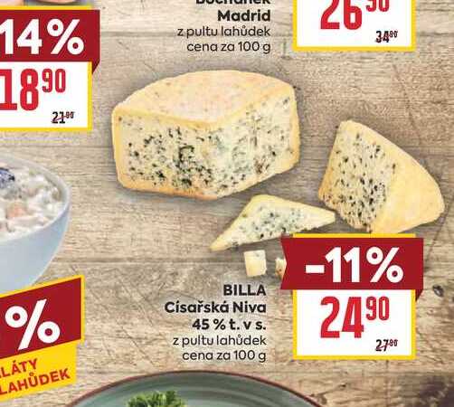BILLA Císařská Niva 45% t. v s. z pultu lahůdek cena za 100 g