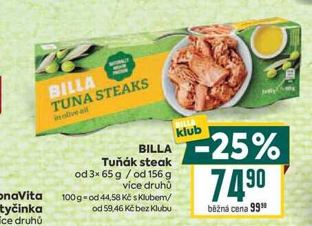BILLA Tuňák steak od 3× 65 g / od 156 g