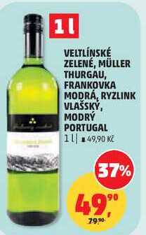 VELTLÍNSKÉ ZELENÉ, MÜLLER THURGAU, FRANKOVKA MODRÁ, RYZLINK VLAŠSKÝ, MODRÝ PORTUGAL, 1 l