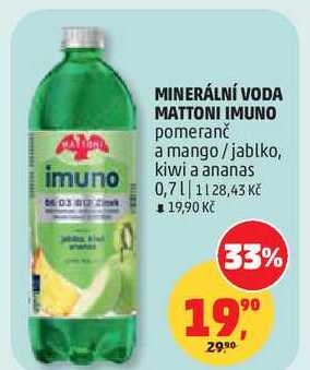MINERÁLNÍ VODA MATTONI IMUNO pomeranč a mango/jablko, 0,7 l 