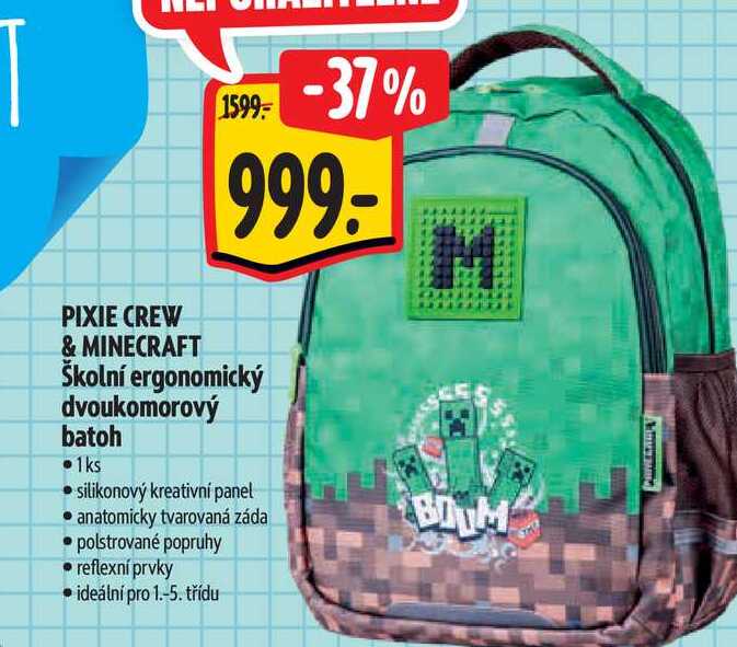 PIXIE CREW & MINECRAFT Školní ergonomický dvoukomorový batoh 1ks
