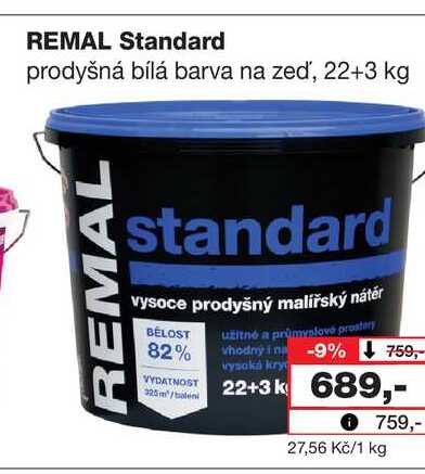 REMAL Standard prodyšná bílá barva na zeď, 22+3 kg