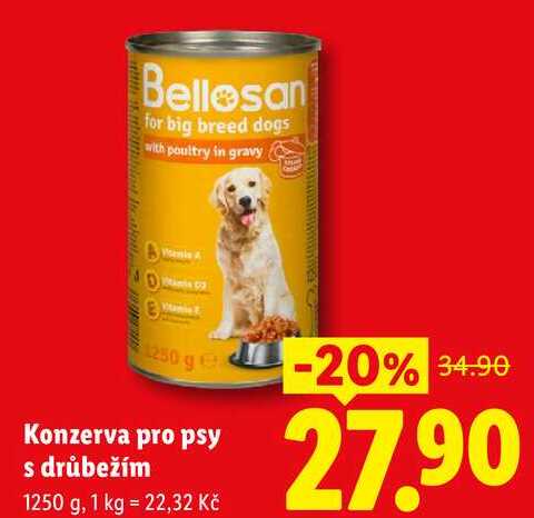 Konzerva pro psy s drůbežím, 1250 g