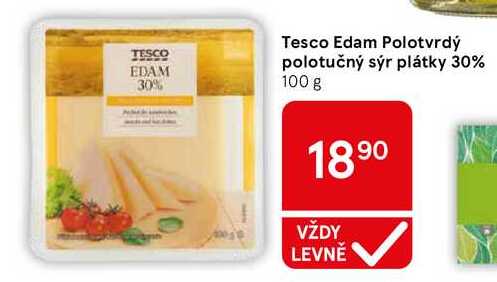 Tesco Edam Polotvrdý polotučný sýr plátky 30%, 100 g