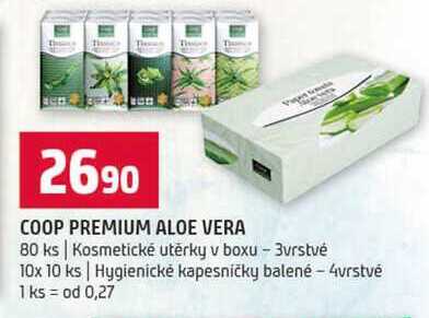 COOP PREMIUM ALOE VERA 80 ks Kosmetické utěrky v boxu 3vrstvé 10x 10 ks Hygienické kapesničky balené 4vrstvé 