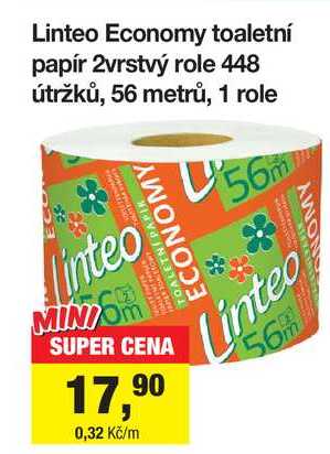 Linteo Economy toaletní papír 2vrstvý role 448 útržků, 56 metrů, 1 role