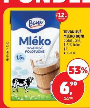 TRVANLIVÉ MLÉKO BONI polotučné, 1,5% tuku 1l
