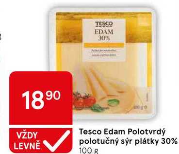 Tesco Edam Polotvrdý polotučný sýr plátky 30%, 100 g