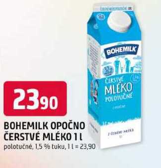 BOHEMILK OPOČNO ČERSTVÉ MLÉKO 1l polotučné, 1,5%