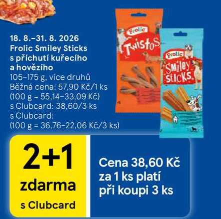 Frolic Smiley Sticks s příchutí kuřecího a hovězího, 105-175 g