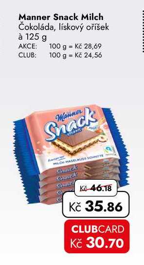 Manner Snack Milch Čokoláda, lískový oříšek à 125 g