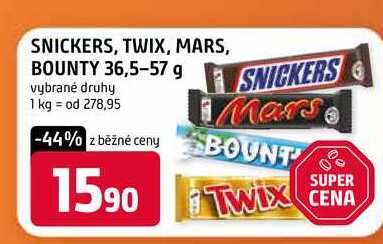 SNICKERS, TWIX, MARS, BOUNTY 36,5-57 g vybrané druhy