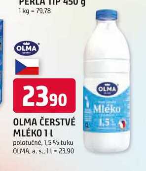 OLMA ČERSTVÉ MLÉKO 1l polotučné, 1,5% tuku 