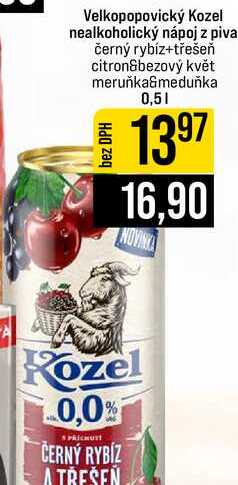 Velkopopovický Kozel nealkoholický nápoj z piva černý rybíz+třešeň citron&bezový květ meruňka meduňka 0,5l