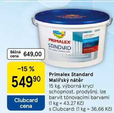 Primalex Standard Malířský nátěr, 15 kg. výborná krycí schopnost, prodyšný. Ize barvit tónovacími barvami