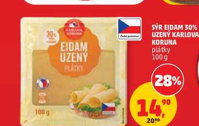 SÝR EIDAM 30% UZENÝ KARLOVA KORUNA plátky, 100 g