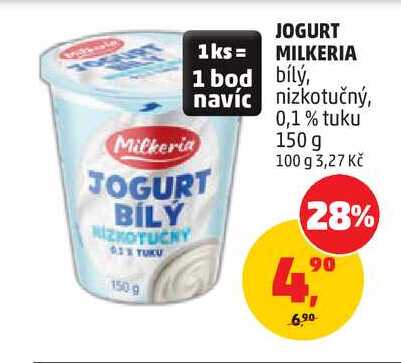 JOGURT MILKERIA bílý, nizkotučný, 0,1% tuku, 150 g